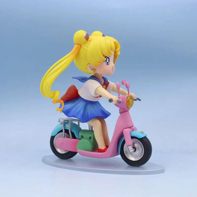 13cm Sailor Moon Anime Figure Q Version Tsukino Usagi Ride A Bike Figurine Collection Desktop Decor Ornament Doll Kids Toy Gift