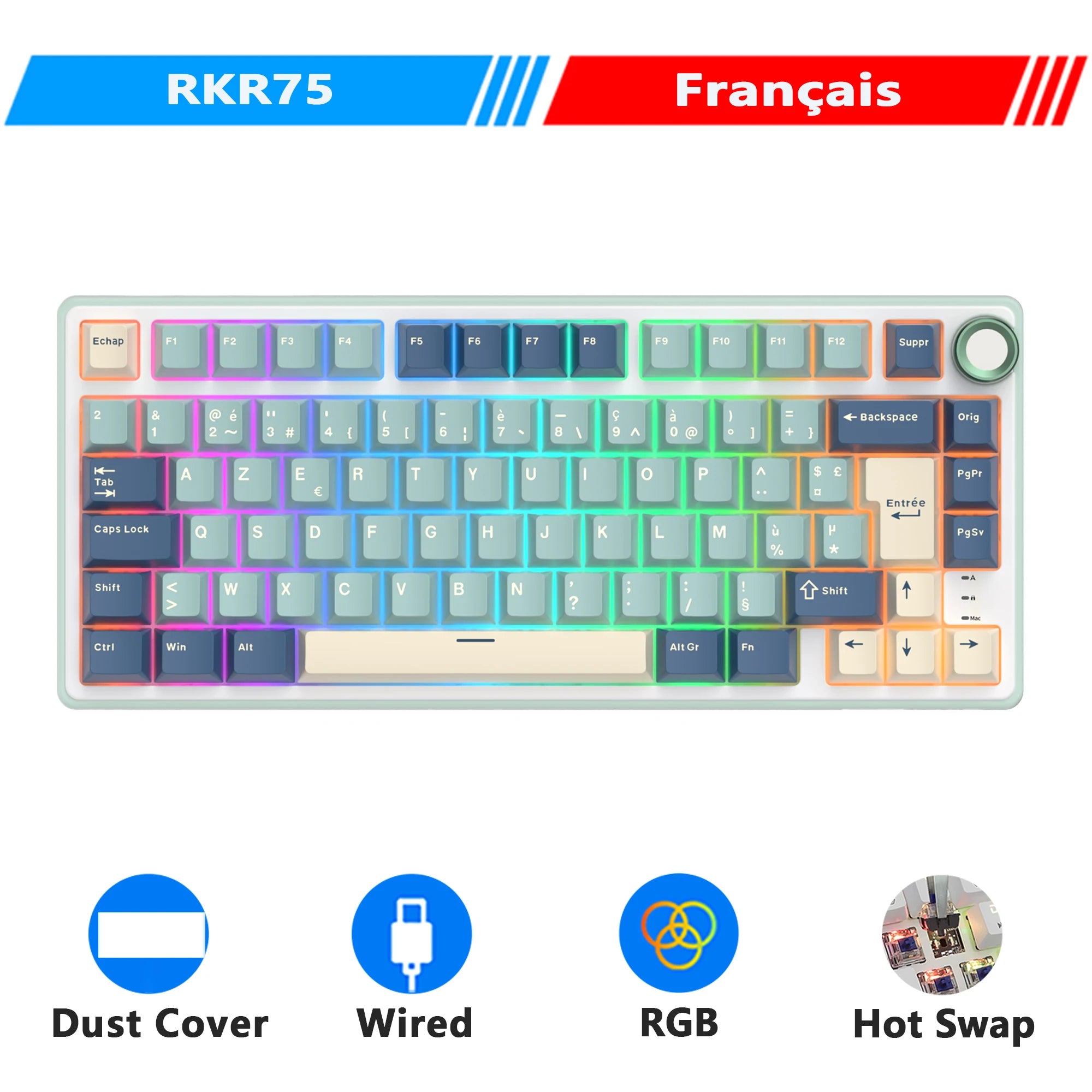 RK Royal Kludge R75 Gasket Kabelgebundene mechanische Tastatur mit 80 Tasten, RGB-Hintergrundbeleuchtung, Hot-Swap-fähige spanische Gamer-Tastatur, MDA-PBT-Tastenkappen