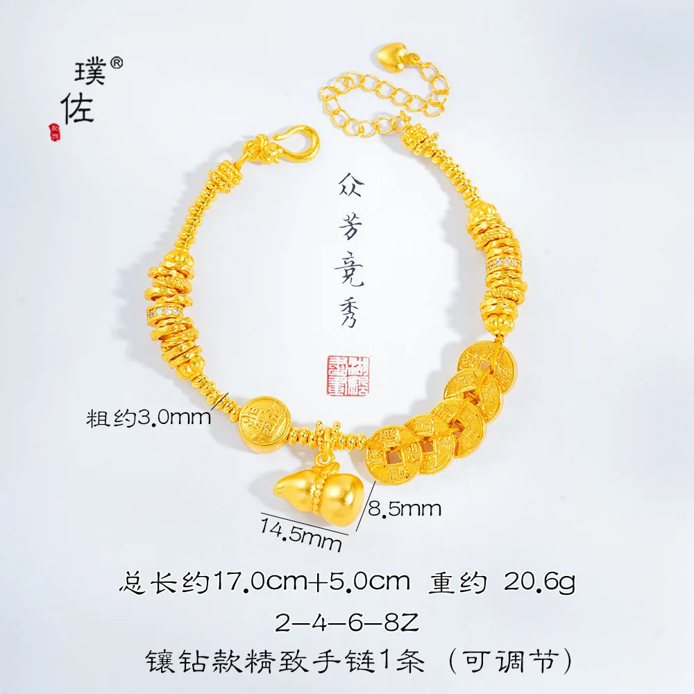 24 Karat AU999 Goldarmband im chinesischen Stil für Damen – Fünf-Kaiser-Münzen, Kürbis-Spiralmuster, klassisch und modisch