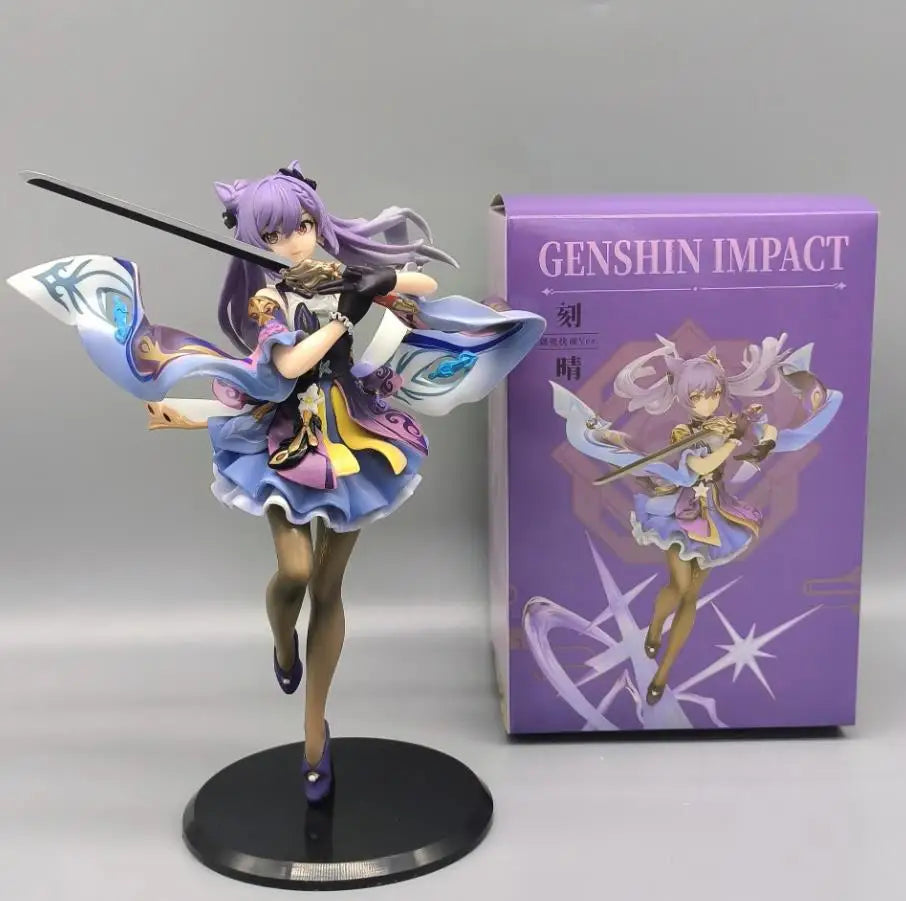 25CM Anime Figur Genshin Impact Keqing Schwingen Sie ein Schwert Stehendes Schwert Hu Tao Modell Spielzeug PVC Sammlung Spielzeug Desktop-Dekoration