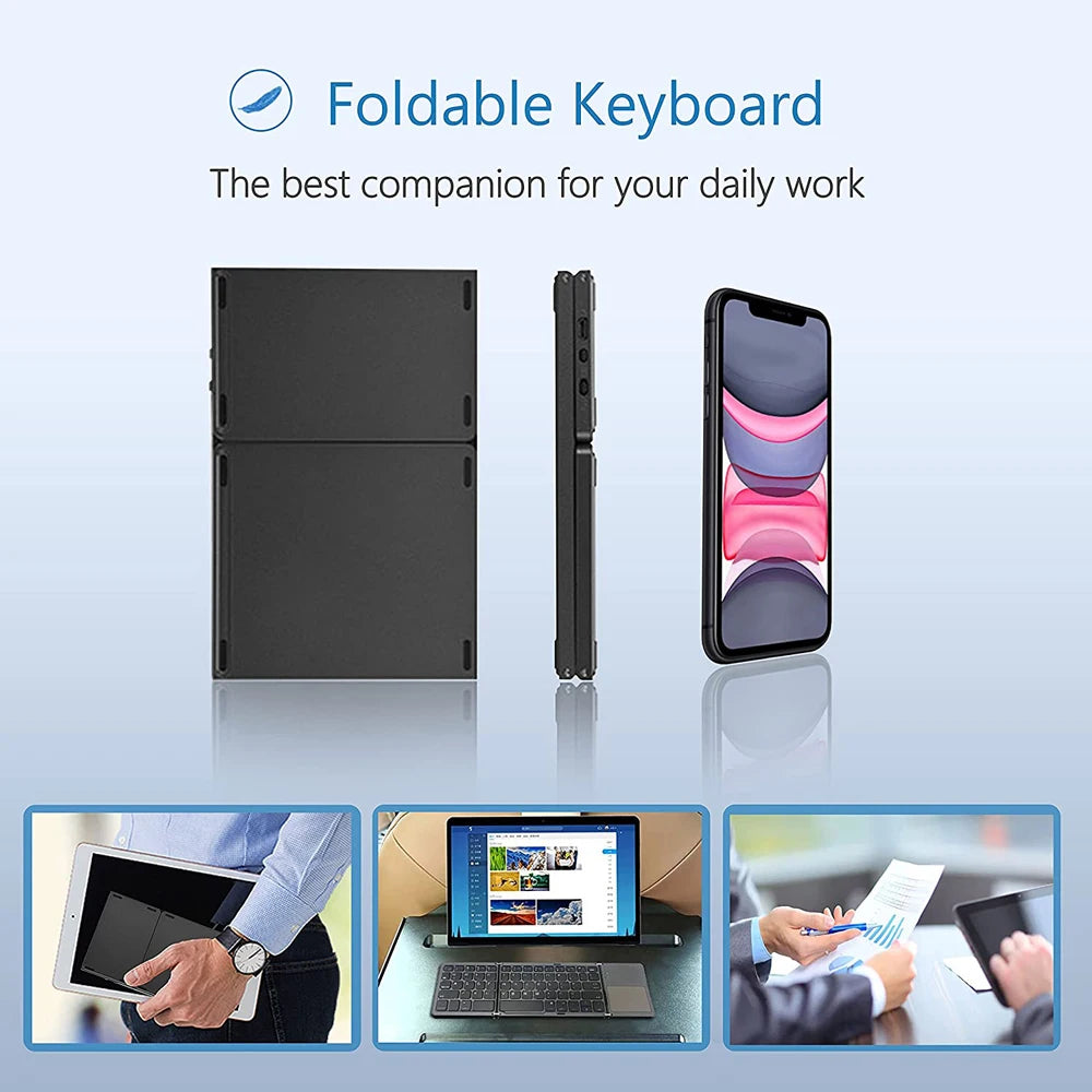 Neue tragbare Mini-Bluetooth-Tastatur mit dreifachem Klappmechanismus, kabellos, faltbar, Touchpad-Tastatur für iOS, Android, Windows, iPad, Tablet