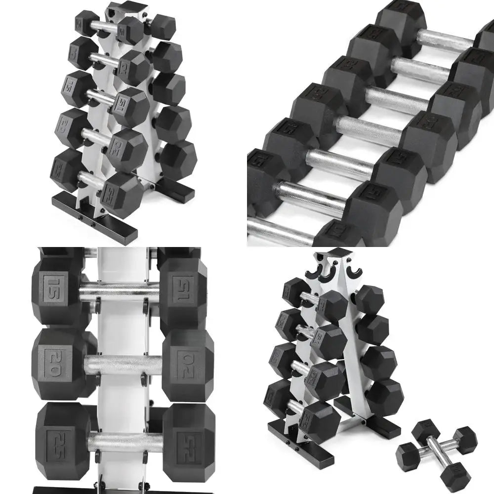 WF Athletic Supply 5 to 25 Pound Rubber-Coated Hex Dumbbell Set with Storage Rack for Muscle Toning and Strength Training