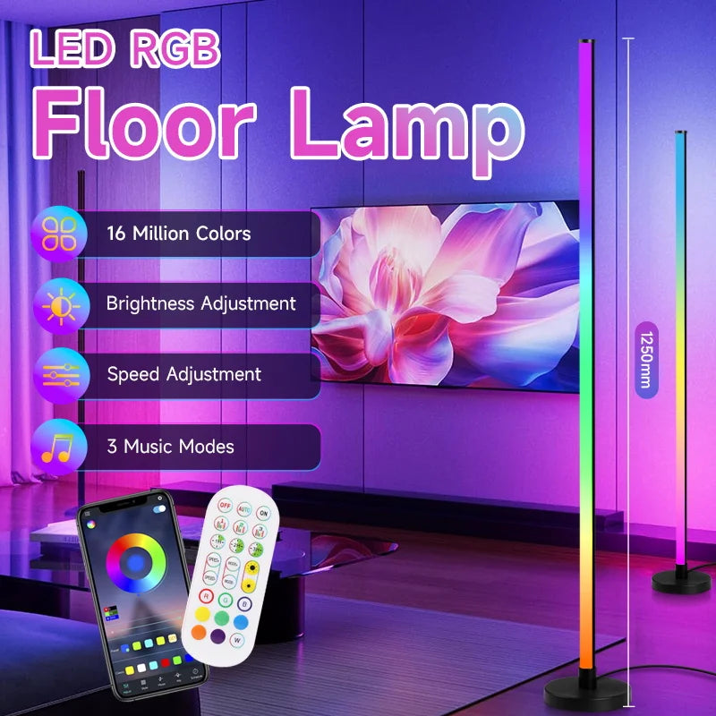 Smart RGB LED Floor Lamp Remote & APP Control Music Sync Corner Lighting Timer Modern Mood Standing Lamp for Living Room Gaming