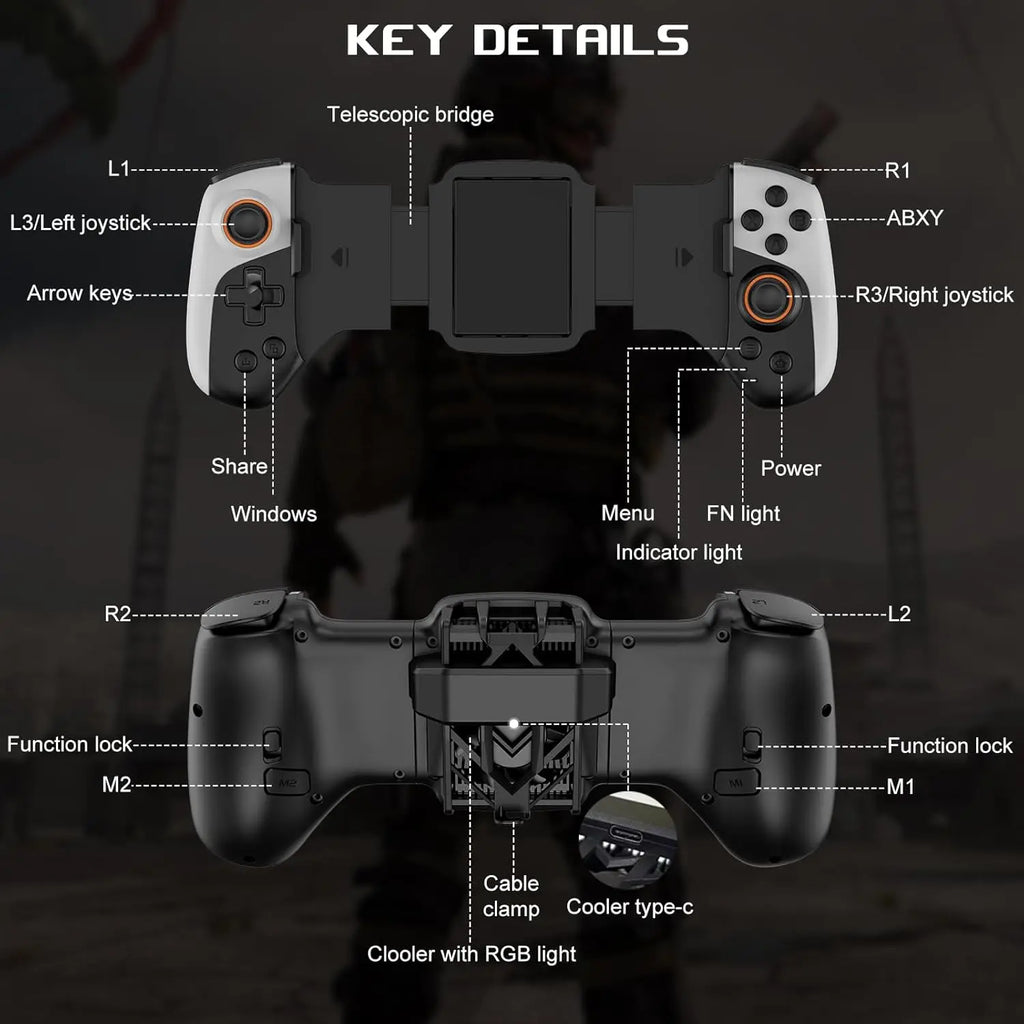 JK02 Mobile Gaming Controller with RGB Cooler for iPhone/Android/PC/Switch/Apple Arcade MFi Games with Customized Keys TURBO