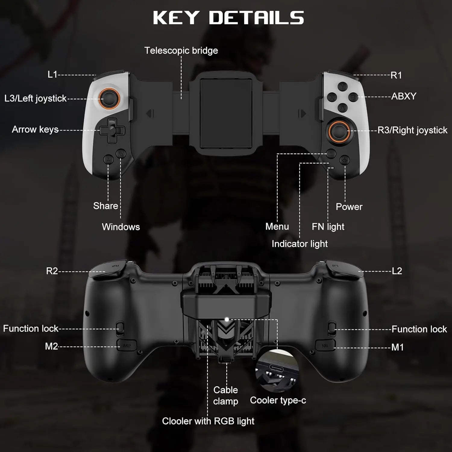 JK02 Mobile Gaming Controller with RGB Cooler for iPhone/Android/PC/Switch/Apple Arcade MFi Games with Customized Keys TURBO