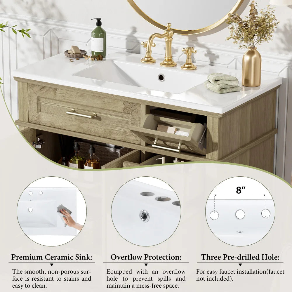 36" Bathroom Vanity with Ceramic Sink, Rubberwood Frame, 2 Soft Close Doors, 1 Flip-Down Drawer, 1 Shallow Drawer, 1 Deep Drawer