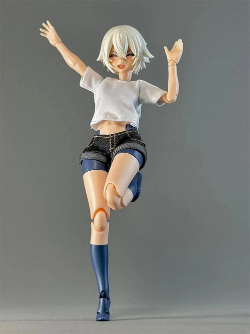 1/12 Scale Female Soldiers Casual Loose White T-shirt Mini Hot Shorts Curled Short Pants for 6" OB BJD Action Figure Body Model