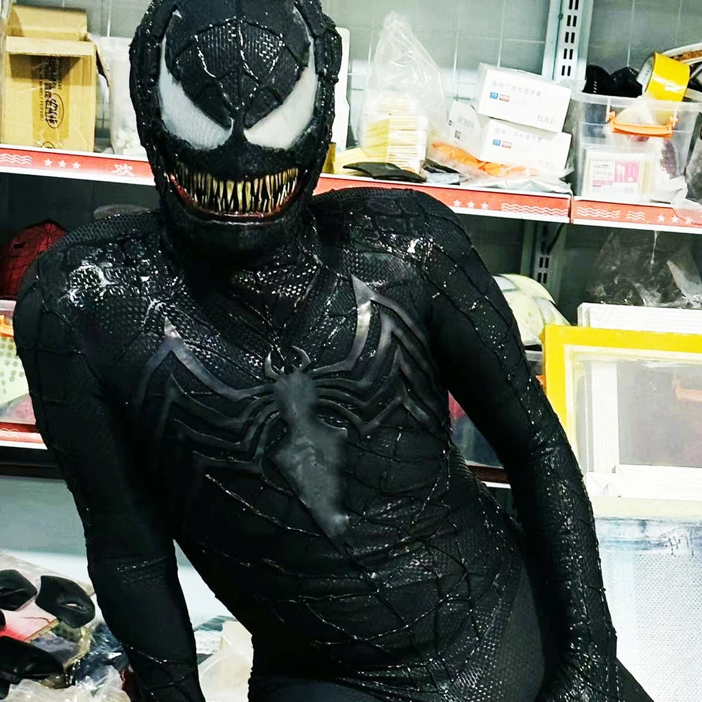 Venom Spider-Man Suit with Mask Movable Chin 1:1 3D Colour Printing Handmade Customized Spiderman 3 Jumpsuit Halloween Costume