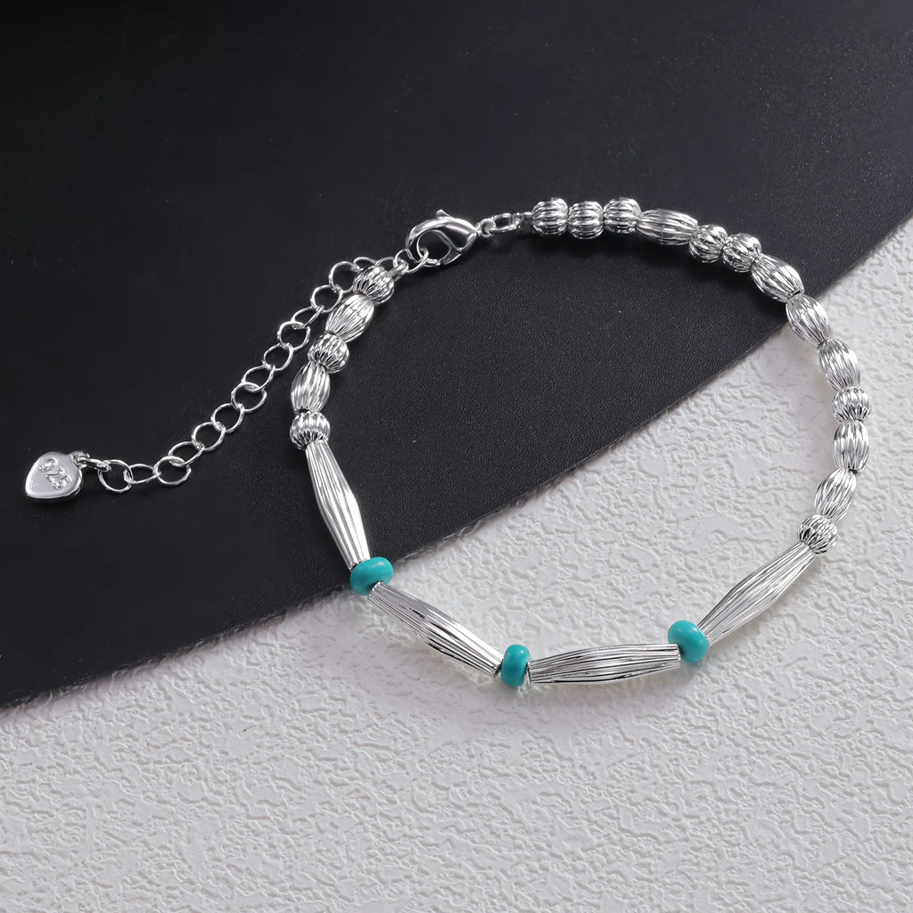 VENTFILLE 925 Sterling Silver Natural Turquoise Square Bead Bracelet For Women Gift Crushed Silver Jewelry Dropshipping