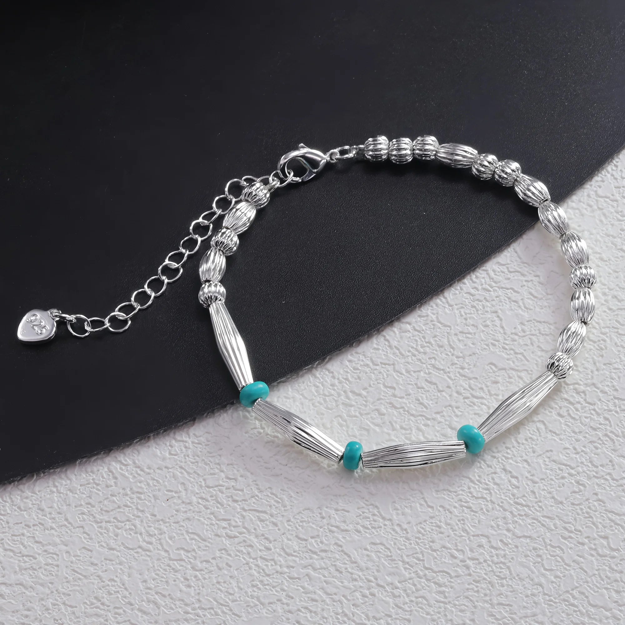 VENTFILLE 925 Sterling Silver Natural Turquoise Square Bead Bracelet For Women Gift Crushed Silver Jewelry Dropshipping