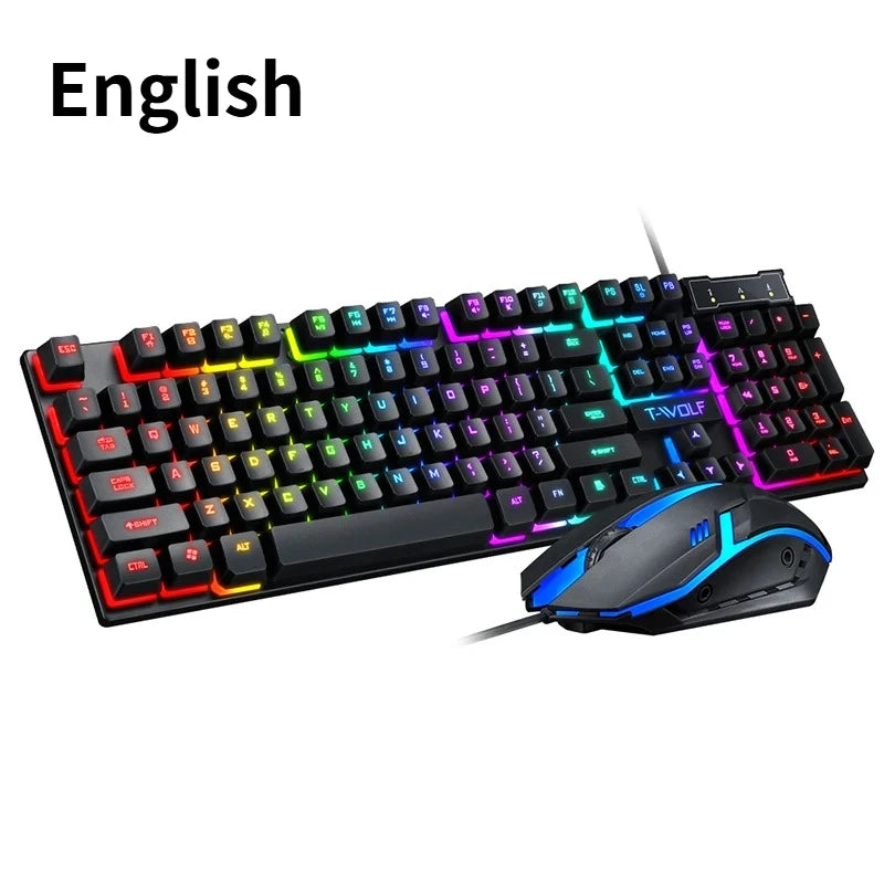 TF200 Wired Keyboard Mouse Combos 104 Keys RGB Blacklight Multi-function USB Gaming Keyboard English Russian for Game Office