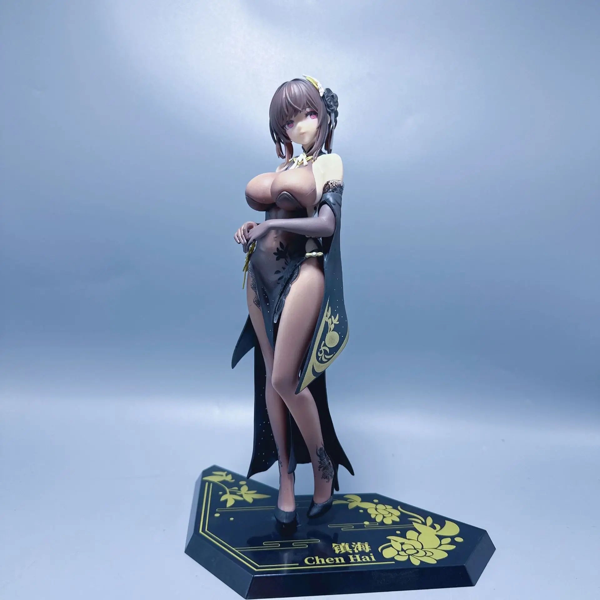 Anime-Spiel Azur Lane Chen Hai Figur Cheongsam Schwarze Seide Anziehfigur Stehmodell Spielzeug Geschenksammlung Actionfigur PVC