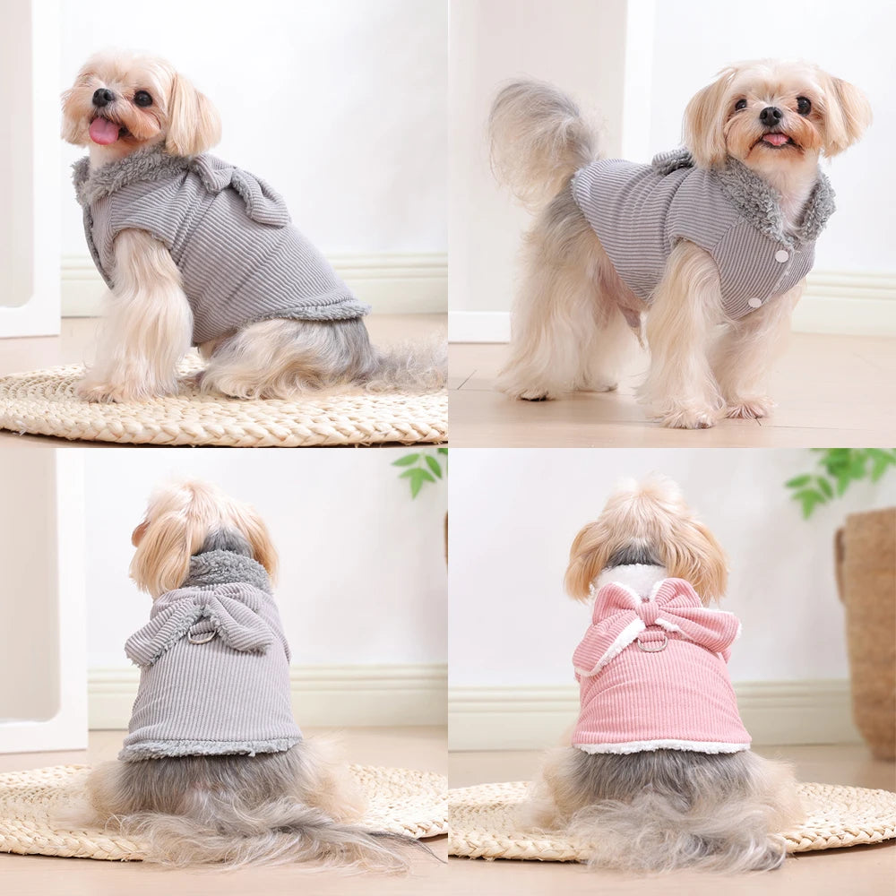 Fleece Dog Coat Winter Warm Pet Clothes For Small Medium Dogs Vest Jacket With Bow D-ring Puppy Costume Sweater Yorkie Apparel