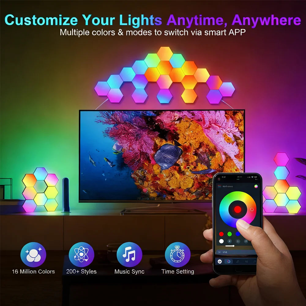 Exagon Smart RGB Hexagon Wall Light USB Powered Color Changing DIY Mode Music Sync APP Control Modular DIM LED ON for Game Room