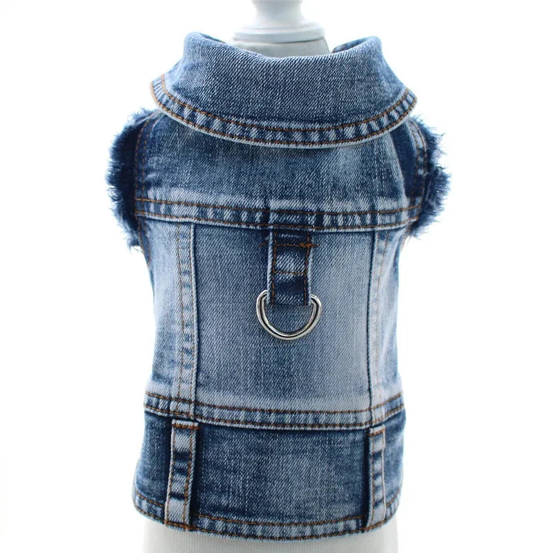 Blue Jeans Dog Denim Harness Jacket Puppy Vest Jacket Casual Clothes Costume Pet Apparel for Small Medium Dogs Back D-ring