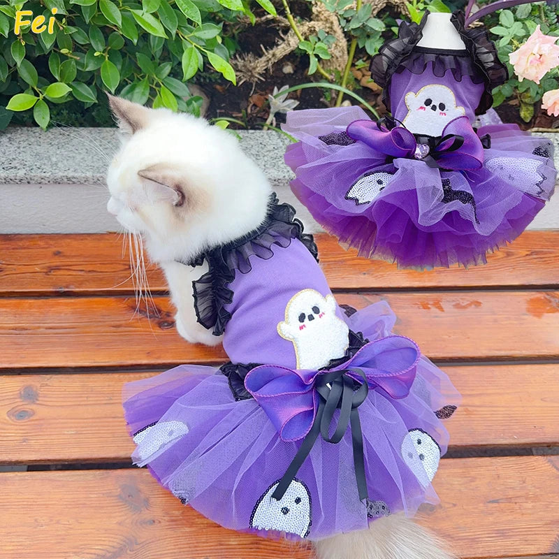 2025 Luxury Halloween Pet Dog Dress, Handmade Purple Ghost Bow Sling Princess Costume for Small Dog & Cat, Fashion Puppy Apparel