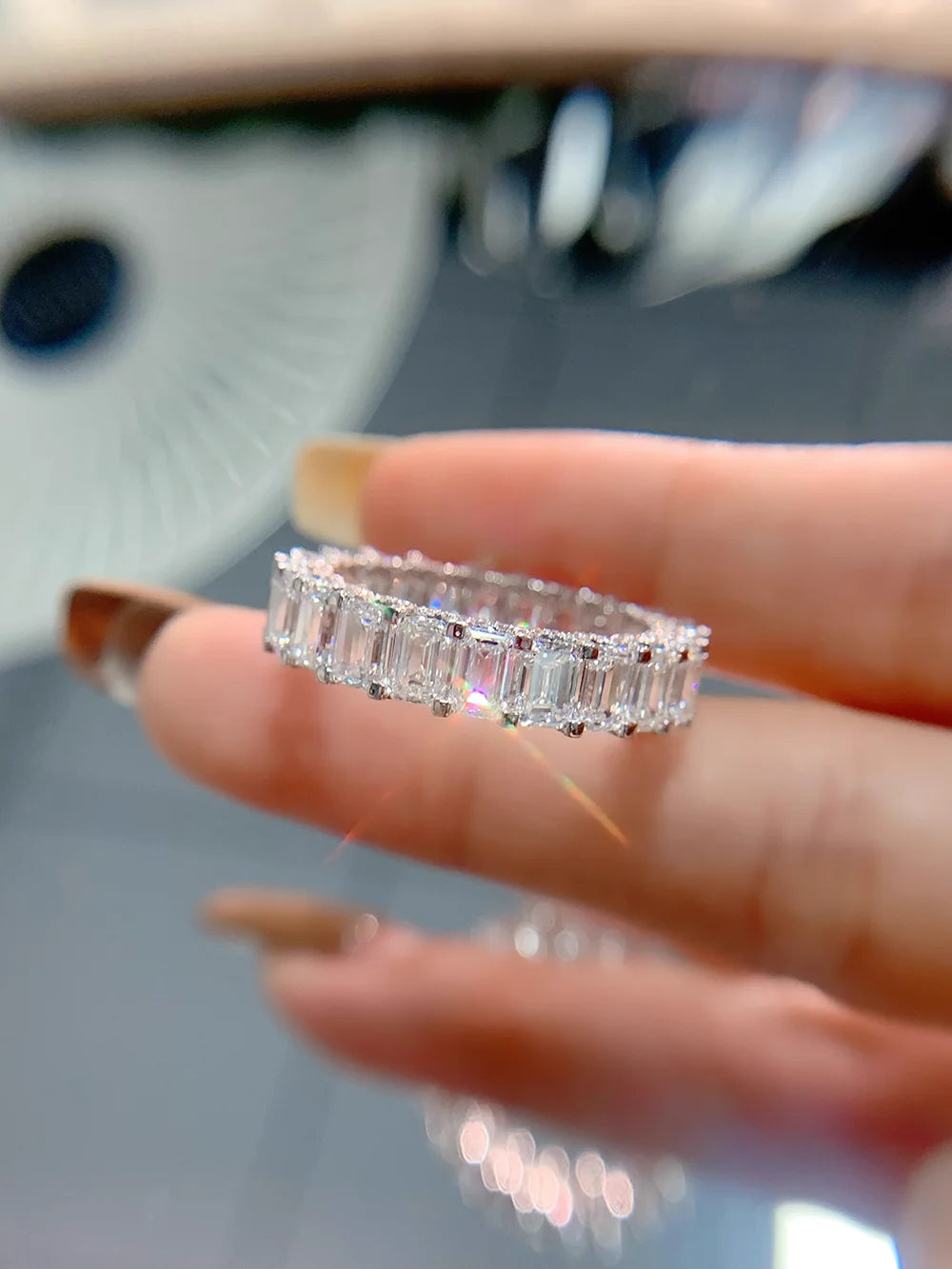 Custom Real Solid 18K White Gold Ring Women Engagement Anniversary Wedding Ring Emerald Moissanite Diamond Ring Eternity Trendy