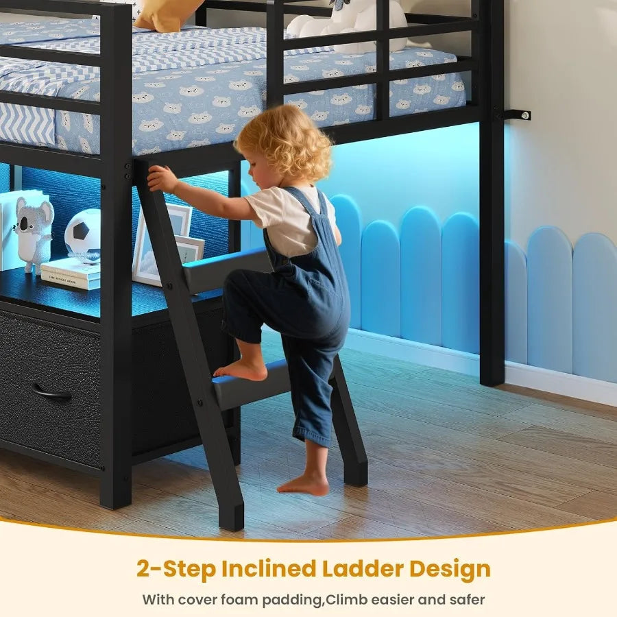 Low Loft Bed Twin Size with 7 Storage Drawers Bookcase and LED Lights Metal Loft Bed with 14 H Safety Guardrail Inclined Ladder