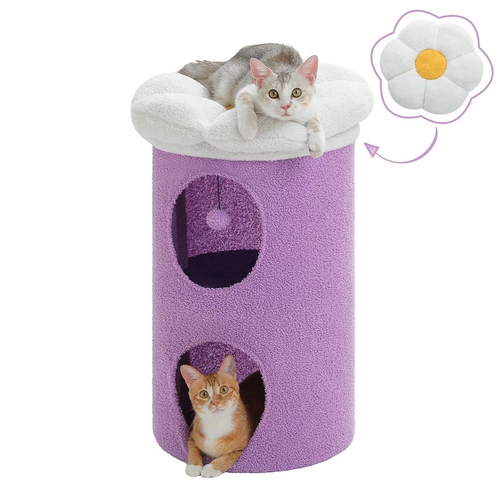 Flower Cat House with Pompom Ball, Double-Deck, Large Cat Condo, Bed with Soft Flower Perch, Spacious Cozy Condo for Multi Cats