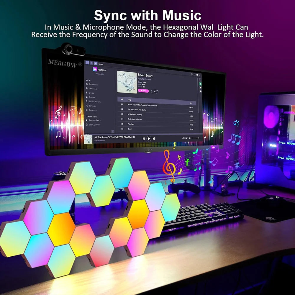 Smart Hexagonal Wall Lamp Color Change Ambient Night Light DIY Shape Music Sync MeRGBW APP Gaming RGB Hexagon LED Lights Bedroom