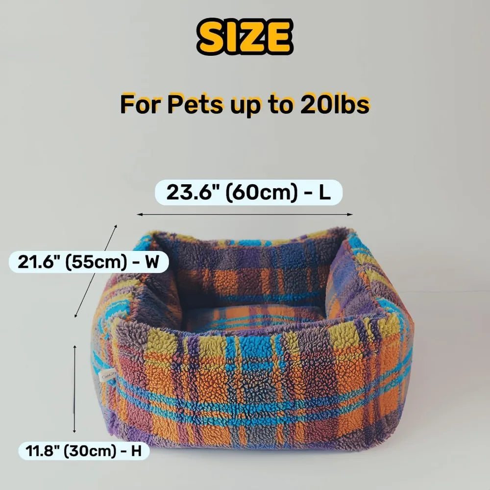 "cozy plaid cat and small dog sofa bed with self-warming feature for indoor use"