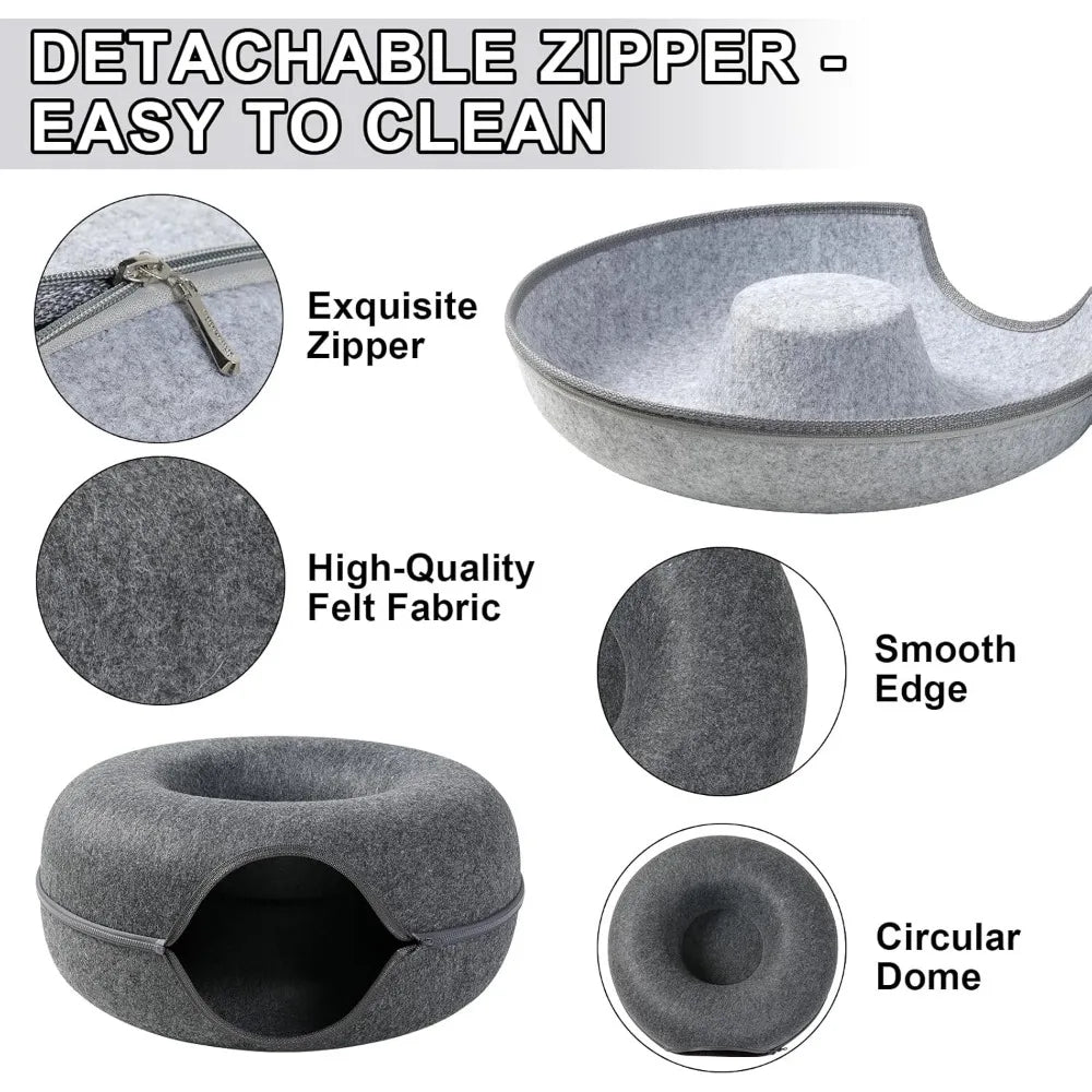 Cat Tunnel,Peekaboo Cave Bed for Indoor Cats,Donut Tunnel for Pet Cat House,Detachable Round Felt & Washable Interior Play Tunne