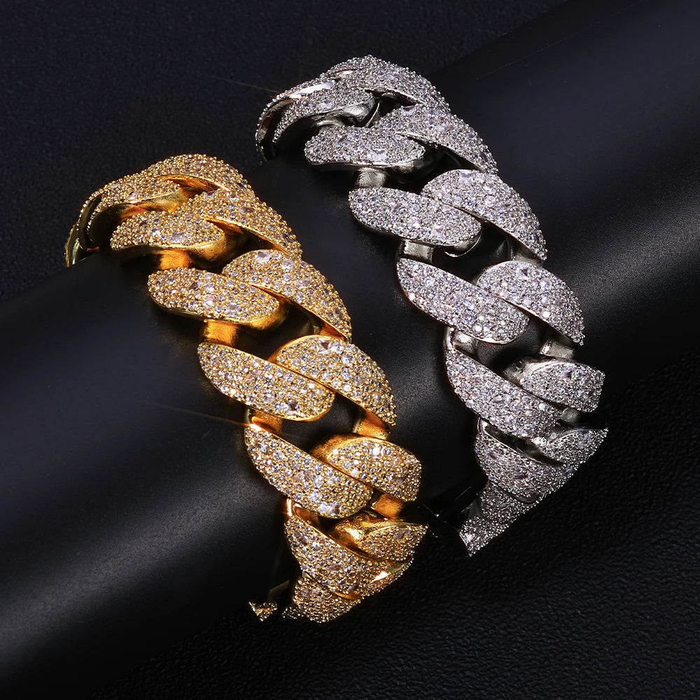 22MM Men's Cuban Diamond Bracelet Hip Hop Sparkling Bubble Chain Flip Buckle Gold Plated Charm Jewelry