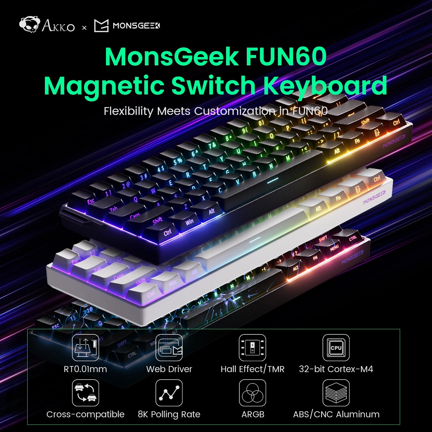 MONSGEEK FUN60 Механична клавиатура Магнитен превключвател 60% Геймърска клавиатура Бързо задействане 0.01 мм 8K HE/TMR eSports Персонализирана клавиатура