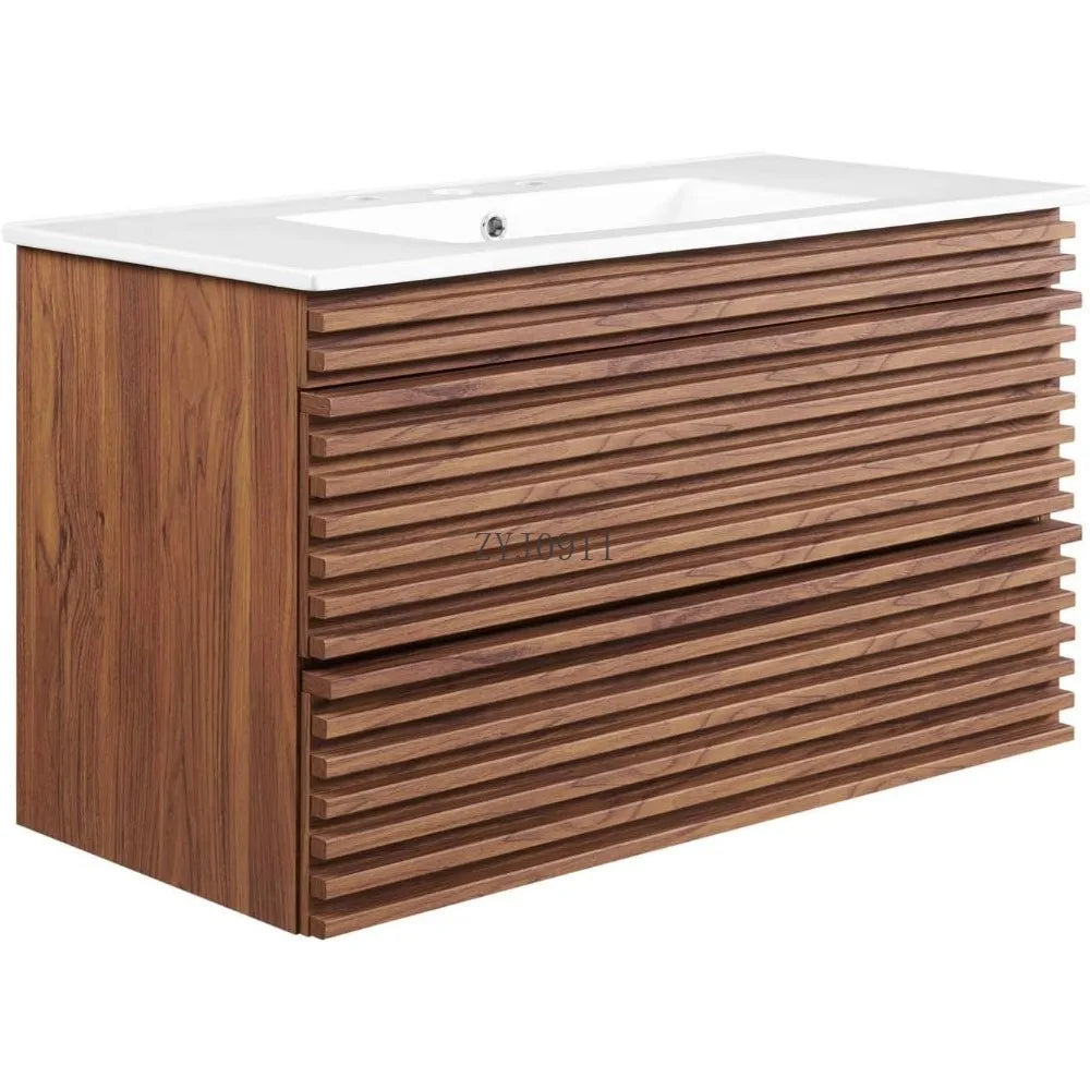 36" Wall-Mount Bathroom Vanity in Walnut White   bathroom vanity cabinet with sink