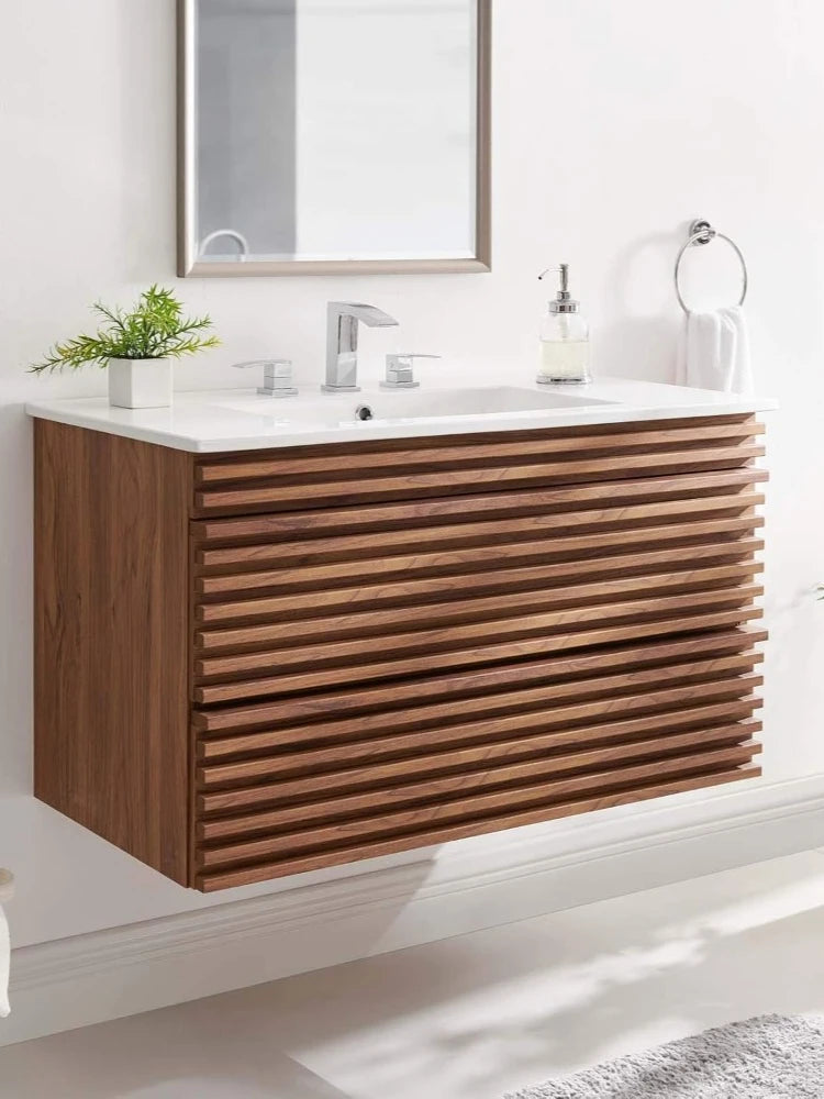 36" Wall-Mount Bathroom Vanity in Walnut White   bathroom vanity cabinet with sink