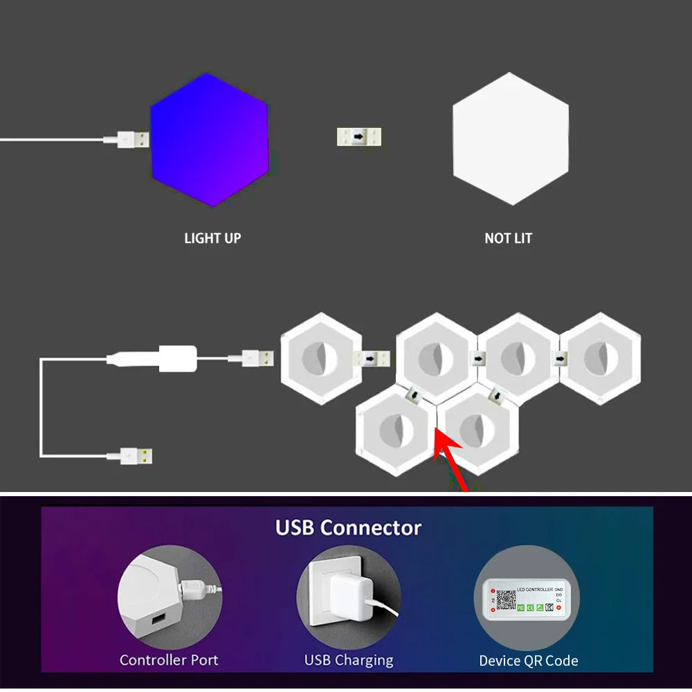 Exagon Smart RGB Hexagon Wall Light USB Powered Color Changing DIY Mode Music Sync APP Control Modular DIM LED ON for Game Room