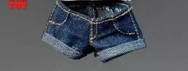 1/12 Scale White T-shirt Black/Blue Trend Denim Shorts Clothes Model Fit 6'' OB BJD Female Soldier Action Figure Body Dolls