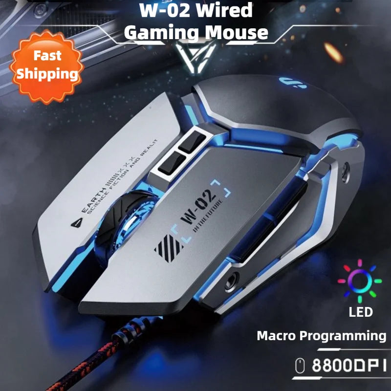 W2 USB-Gaming-Maus mit kabelgebundener Beleuchtung, mechanische Gamer-Mäuse im Metall-Stil, geeignet für PC, Desktop, Laptops, Tablet, Spiele, Büro