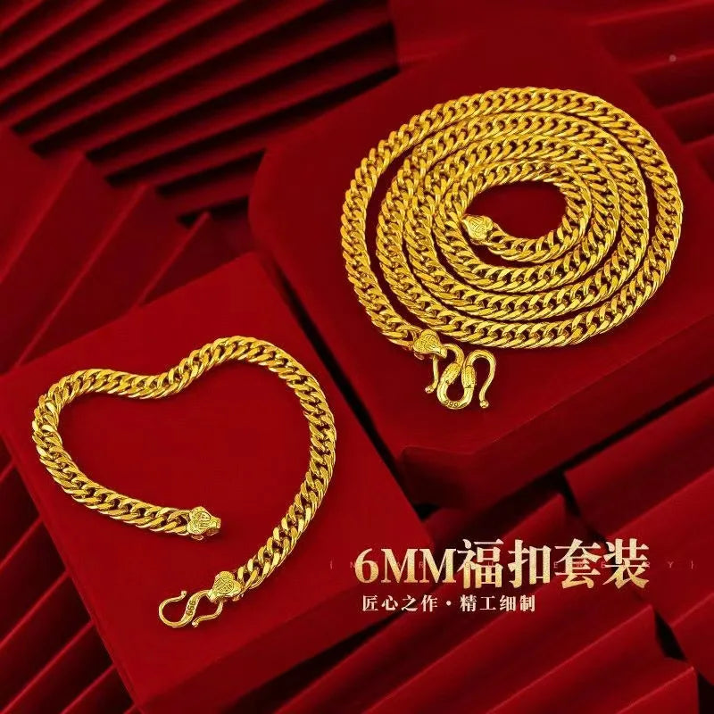 Luxury 24K 9999 Pure Gold real gold Men's and Women's Buckle Bracelet 6mm Boss Bracelet Necklace