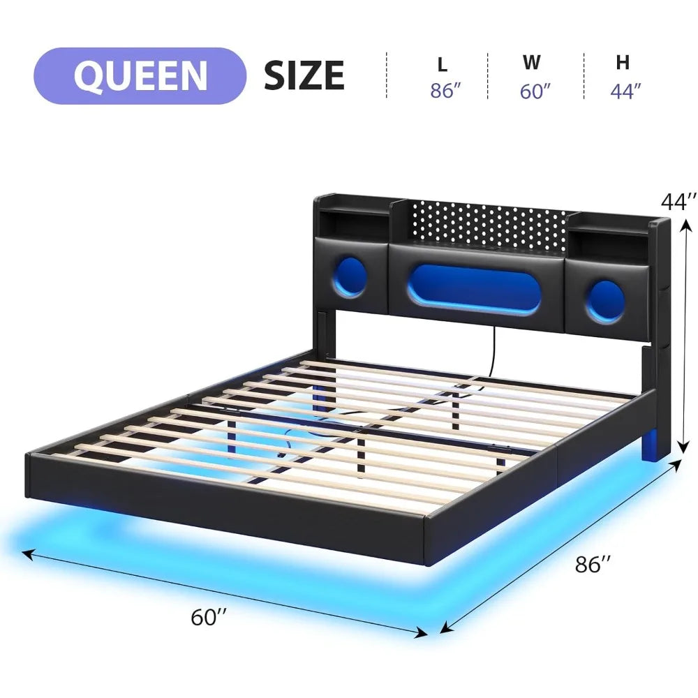 Queen Size Floating Bed Frame with Storage and LED Headboard Platform Bed with Metal Construction