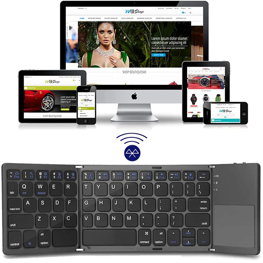 Neue tragbare Mini-Bluetooth-Tastatur mit dreifachem Klappmechanismus, kabellos, faltbar, Touchpad-Tastatur für iOS, Android, Windows, iPad, Tablet