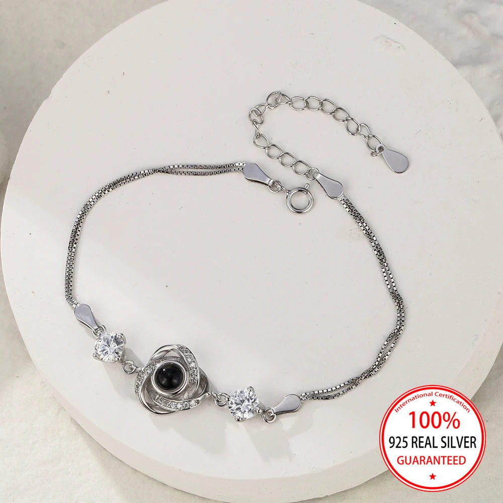 925 Sterling Silver Custom Color Picture Projection Triangle Pendant Bracelet Valentine's Day Birthday Gift For Girlfriend Party