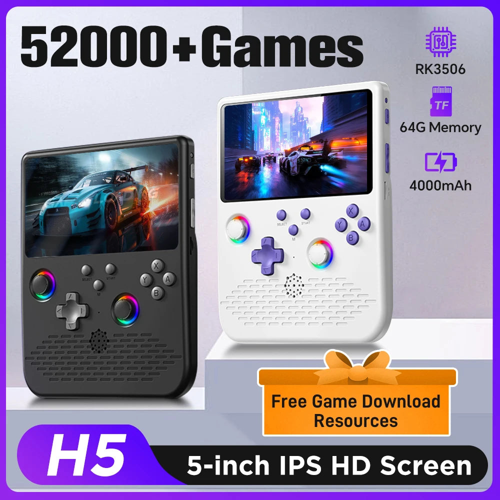 H5 Handheld Video Game Console 5-inch IPS Screen 4000mAh Portable Game Player with 52000+ Retro Games