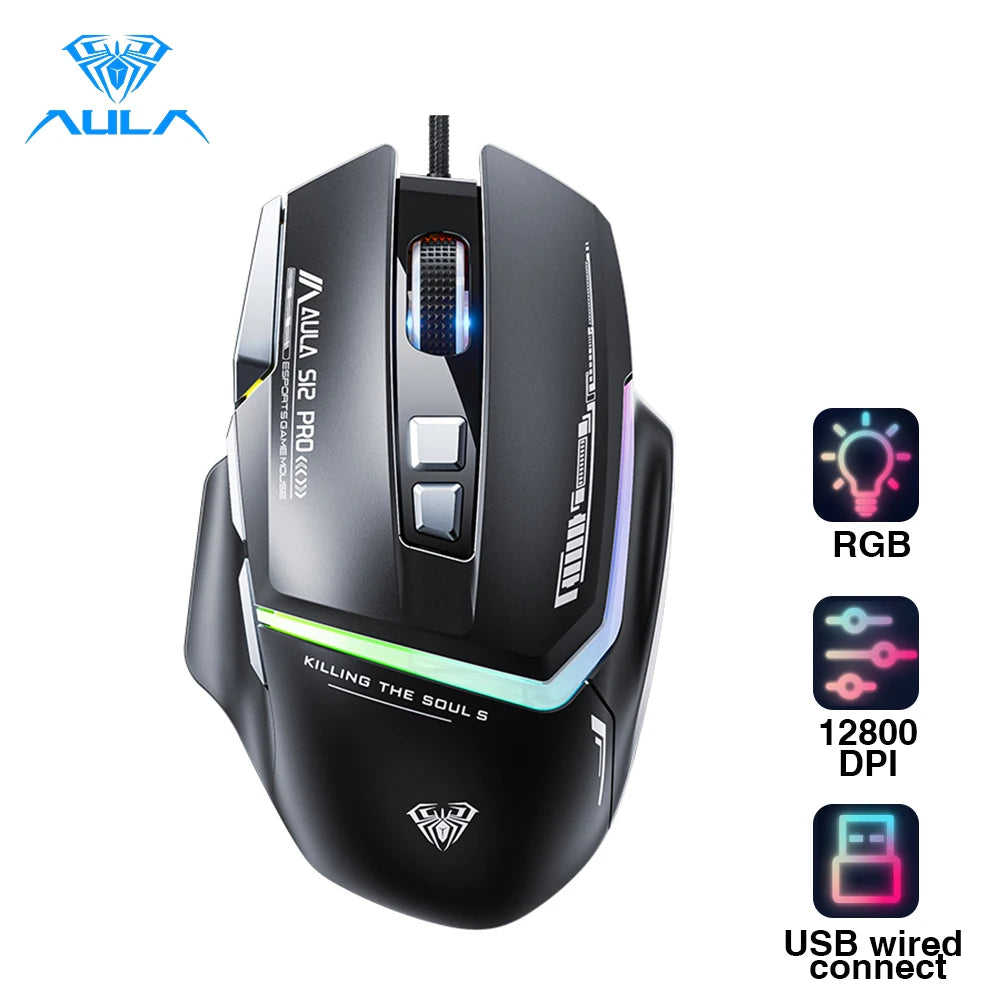 AULA S12Pro Gaming-Maus, 12800 DPI, 1000 Hz Return, kabelgebunden, 8 Tasten, Makro-Maus für E-Sport, ergonomisches Design, RGB-Hintergrundbeleuchtung