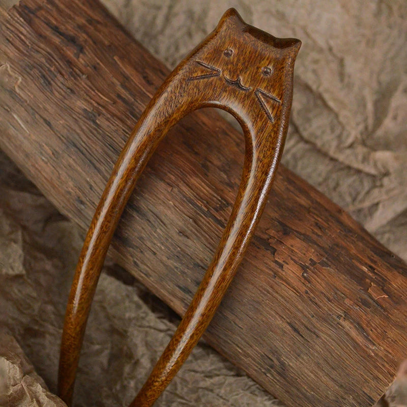 Chinese Cat Pattern Hair Sticks Wooden U Shaped Hair Forks for Women Girls Hanfu Hairpin Headwear Headpieces Hair Accessories