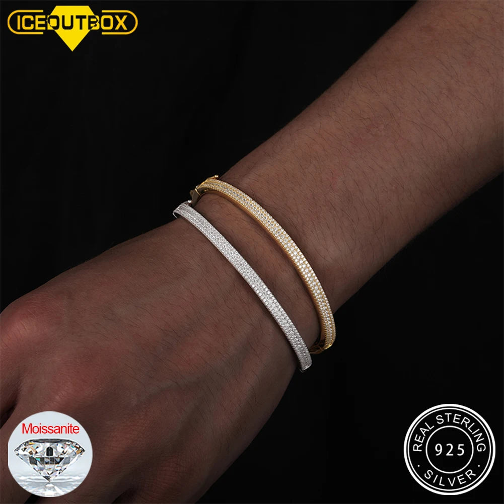 4MM D VVS 3-reihiger Moissanit S925 Manschettenarmreif für Männer Sterling Silber Micro Pave Fassung Bling Luxus Hip Hop Schmuck Geschenke