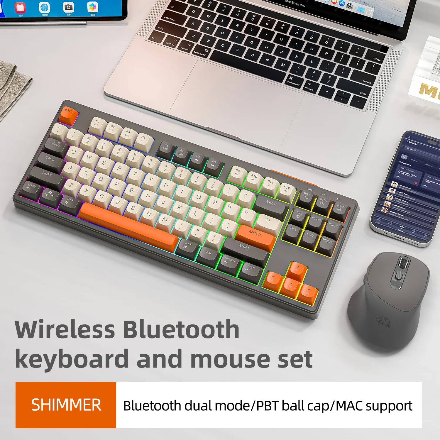 M87 Wireless Keyboard and Mouse Combo, Bluetooth Dual Mode, PBT,Backlit,Rechargeable Keyboard Mouse Kit for Silent Office Gaming