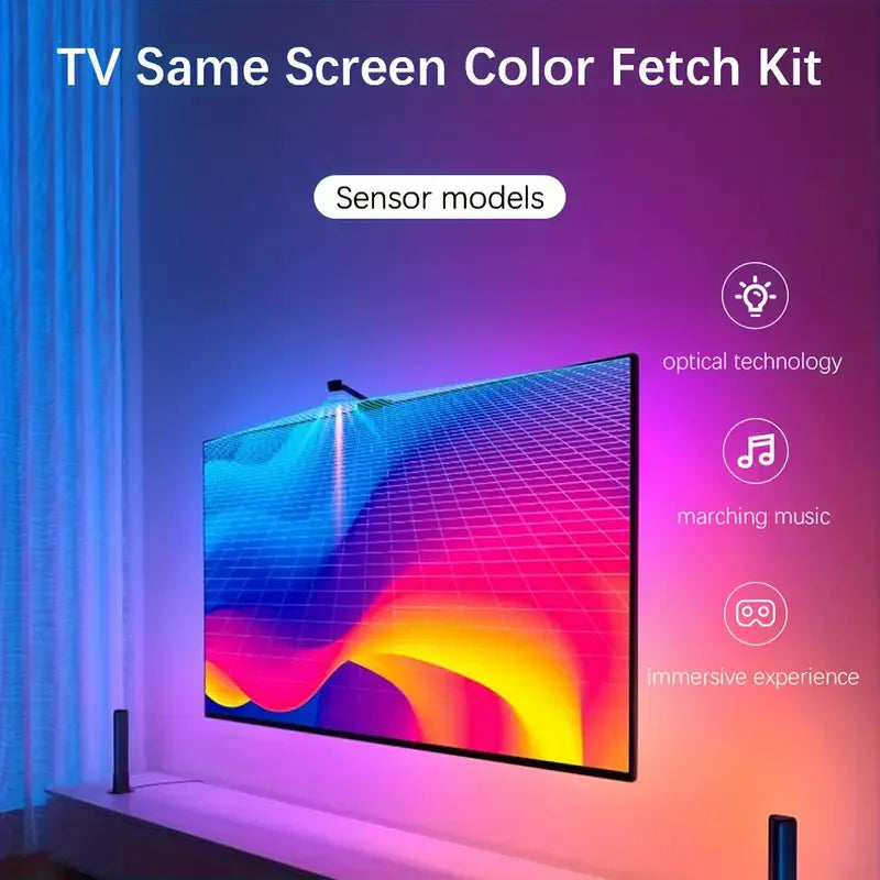 RGBIC-LED-TV-Hintergrundbeleuchtungsstreifen mit Farbauswahlsensor, Musiksynchronisation, App-Steuerung, 55–75 Zoll für die Atmosphärenbeleuchtung im Spielzimmer