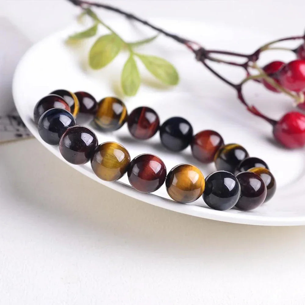 Colored Tiger Eye Bracelet Men and Women Charm Natural Stone Jewelry Healing Buddha Elastic Rope Couple Crystal Bead Bracelet