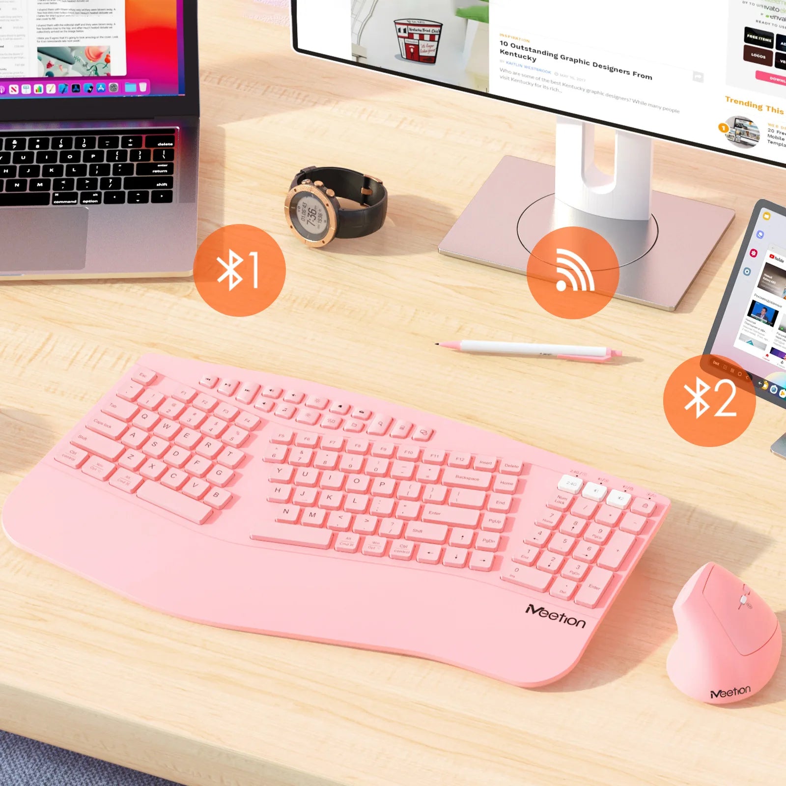 Ergonomische kabellose Tastatur-Maus-Kombination mit Handballenauflage, 2,4-G-Bluetooth-Dualmodus, leisem Klicken, Multimedia-Tasten für Büro/Zuhause