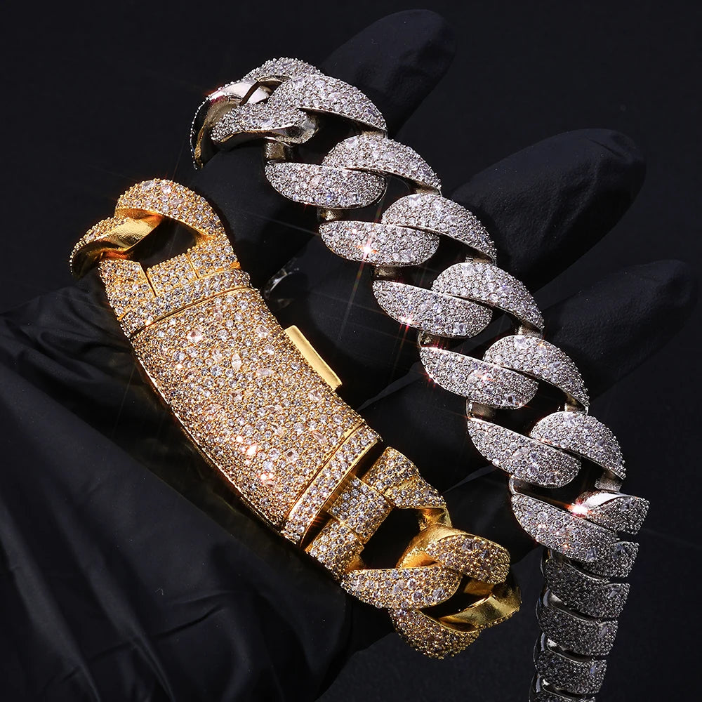 22MM Men's Cuban Diamond Bracelet Hip Hop Sparkling Bubble Chain Flip Buckle Gold Plated Charm Jewelry
