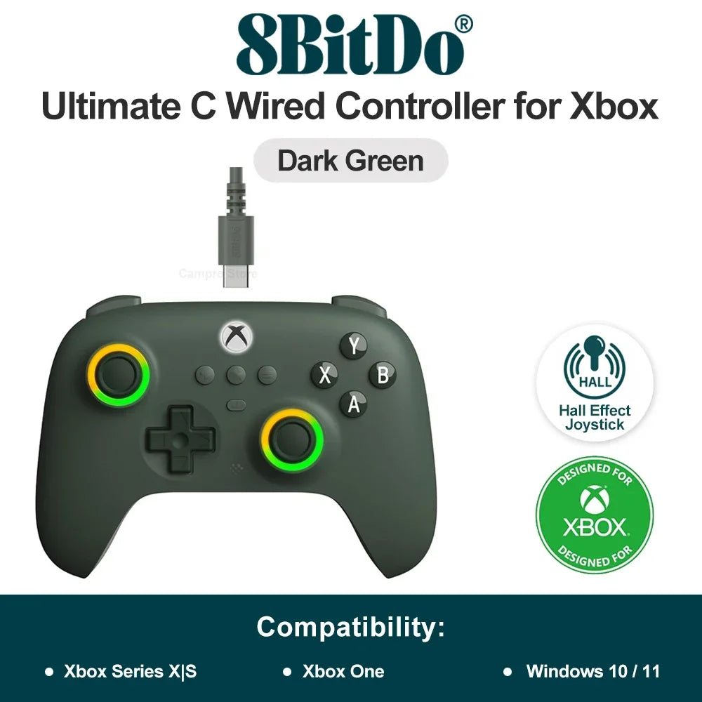 8BitDo Ultimate C Wired Controller for Xbox Series X S, Xbox One, PC Windows 10 11 with Hall Effect and RGB Lighting Fire Ring