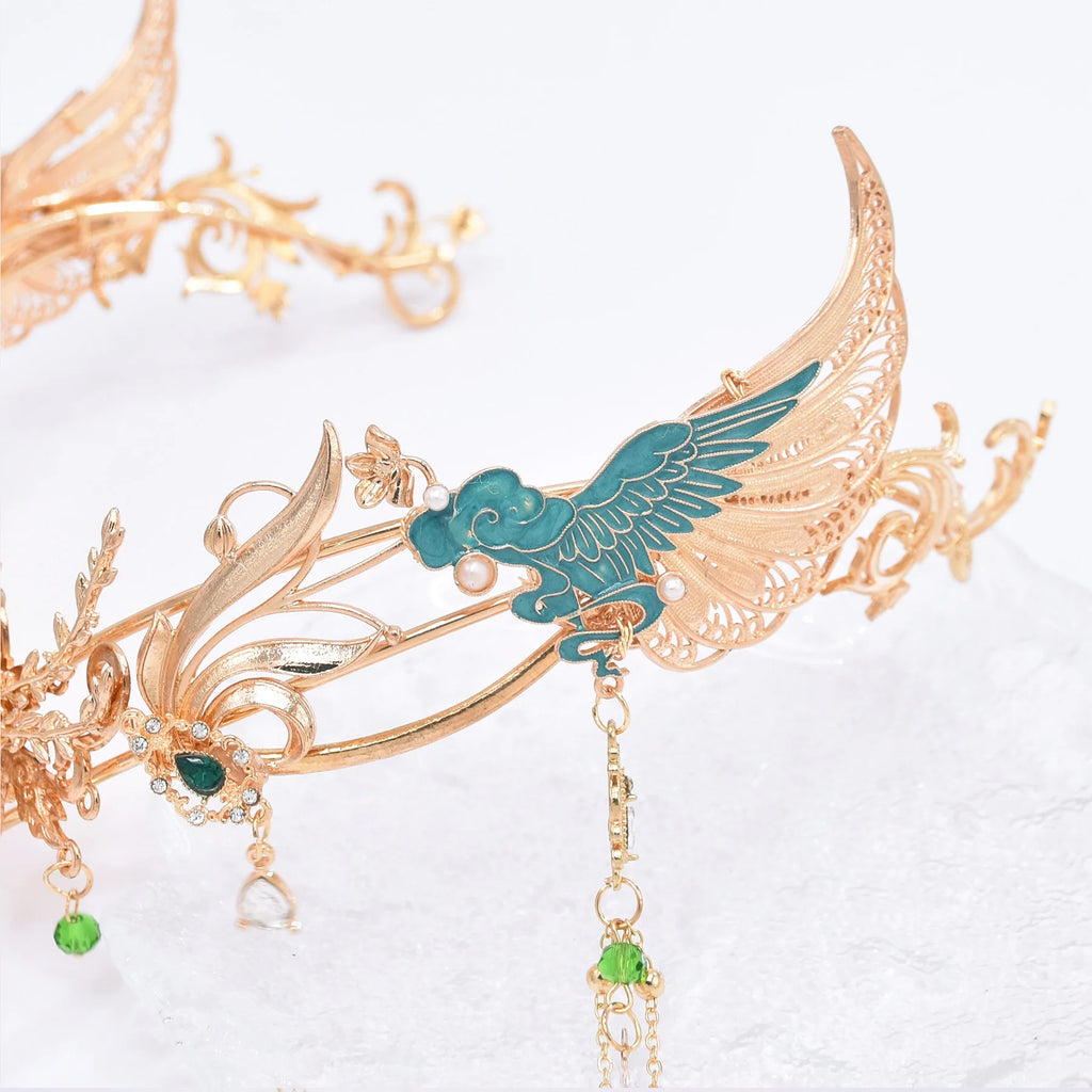 Retro-Haarschmuck im chinesischen Stil, lange Kette, Quaste, Kopfschmuck für Frauen, Blätter, Schnitzerei, grüner Kristall-Inlay-Schmuck