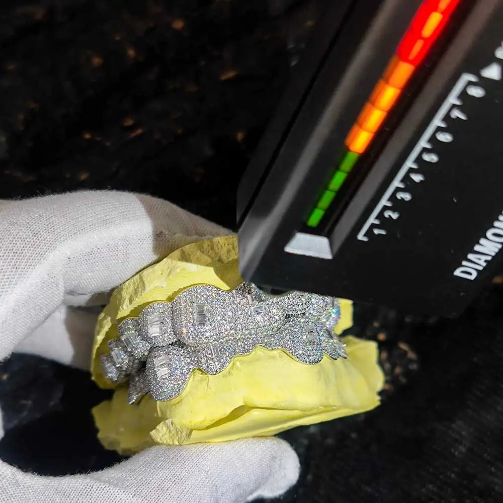 Custom Made Sterling Silver Rectangle Diamond Teeth Fine Jewelry Deep straight Cut VVS Moissanite Diamonds Teeth Mouth Grillz