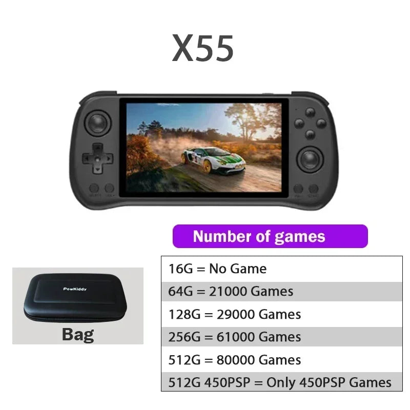 POWKIDDY X55 Retro Handheld Game Console 5.5 INCH 1280*720 IPS Screen RK3566 HD Linux Open-Source 90000 Games PSP Game Boy Gifts
